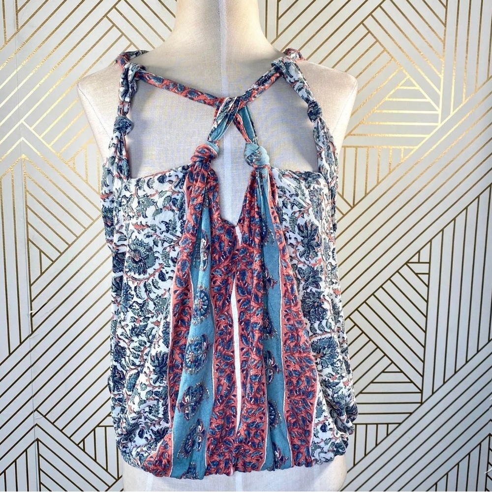 Free People Floral Paisley Print Pink Teal Knotted Cotton Halter Top Size S